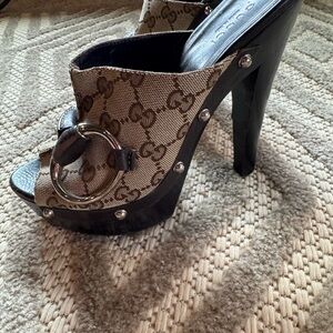 Gucci Brown Monogram Canvas Platform Mule Sandals with Silver Ring